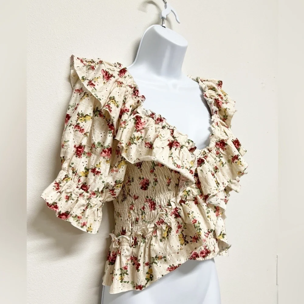 Free People Womens Striped Floral Eyelet Jersey Ruffle Favorite Girl Top Size XS
